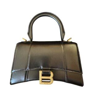 Balenciaga Hourglass Small Black Leather Handbag With Gold Hardware & Logo
